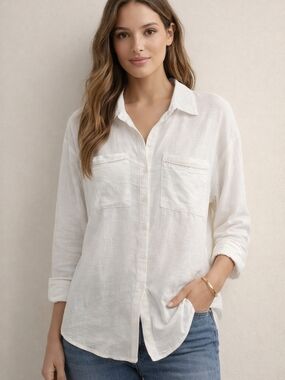 Melanie Lyne White Linen Blend Blouse Lightweight Button Front Relaxed Fit